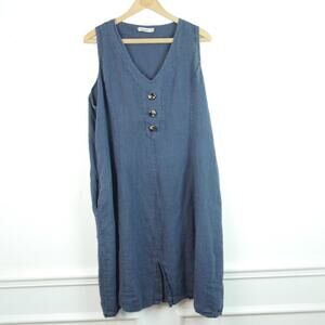 Made in Italy Linen Dress 1X Navy Blue Lagenlook Relaxed Button Pockets Resort